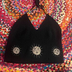 Black Halter Top with Sun Embroidery